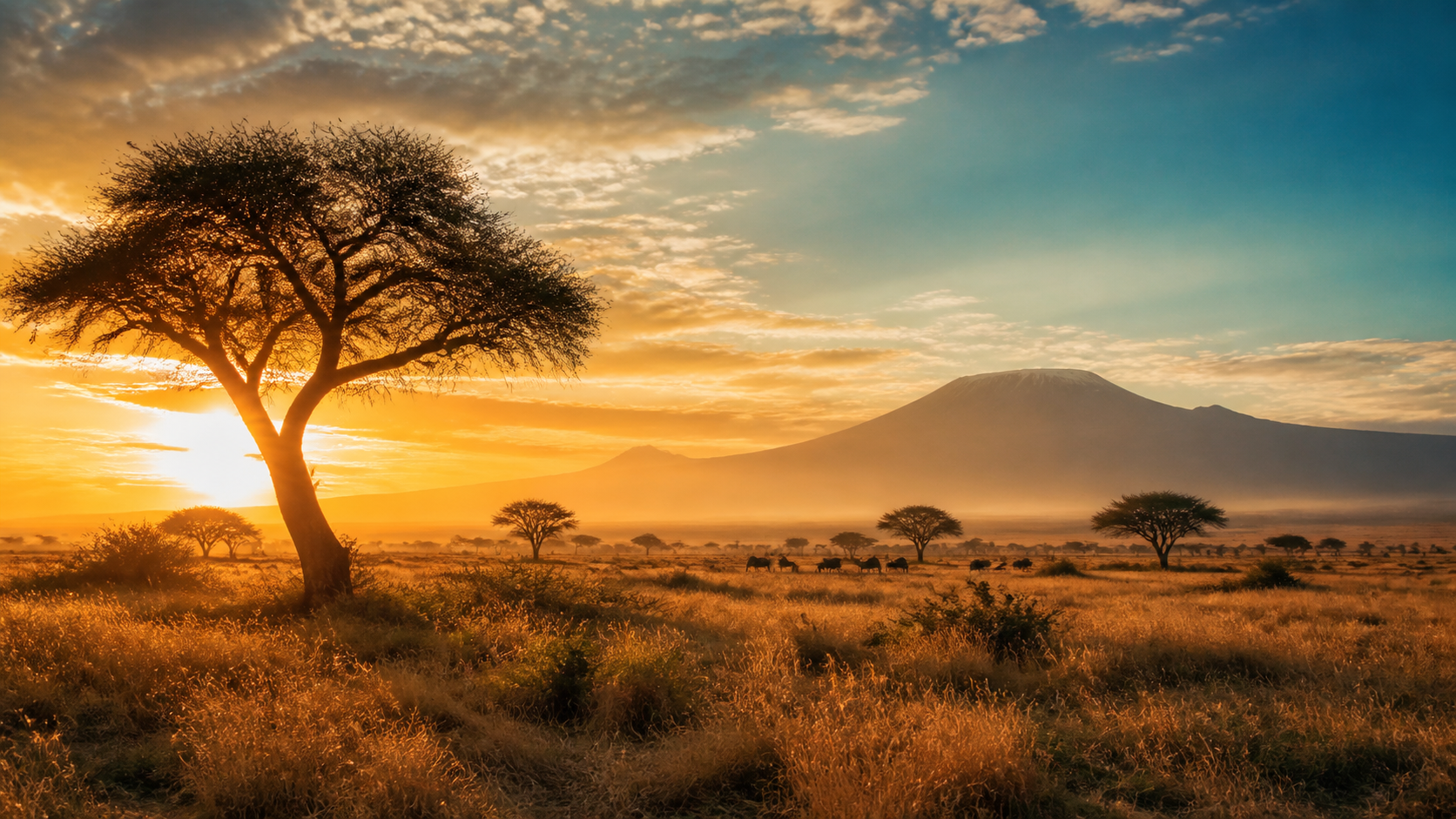 Afrikanische Savanne bei Sonnenuntergang
