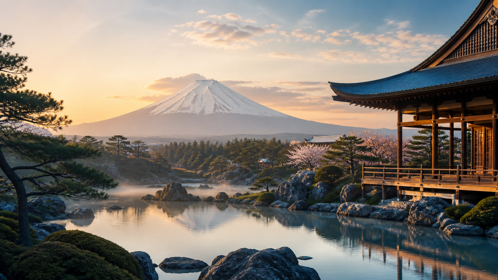 Japanischer Tempelgarten mit Blick auf den Fuji