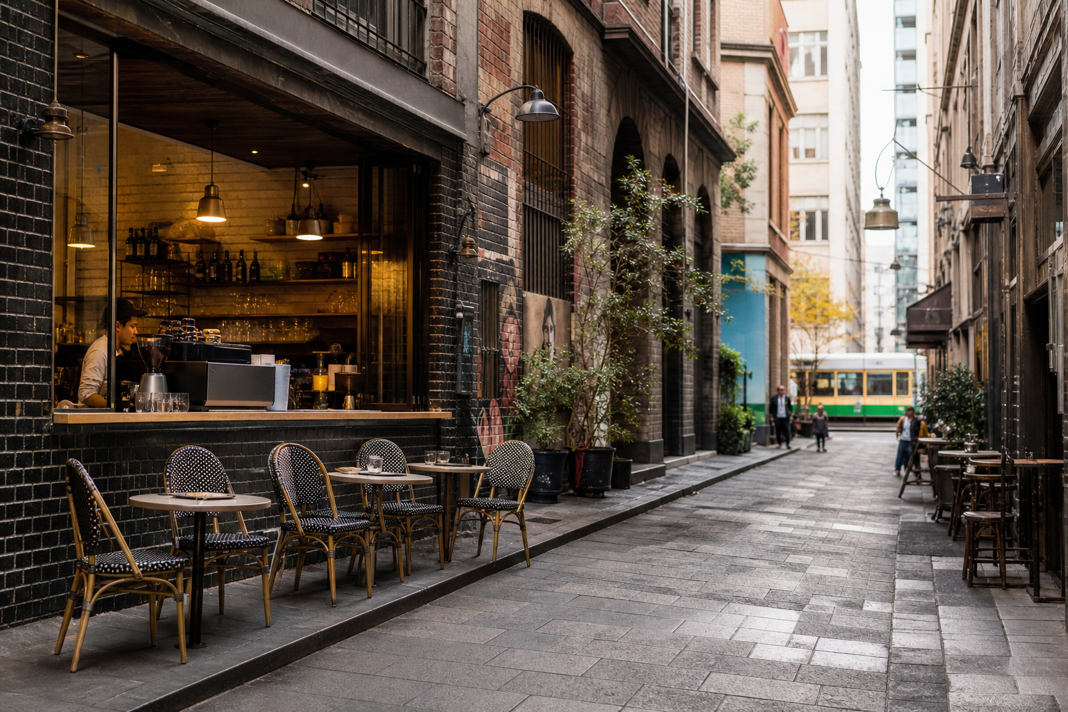 Melbourne Laneway mit Café und Straßenbahn