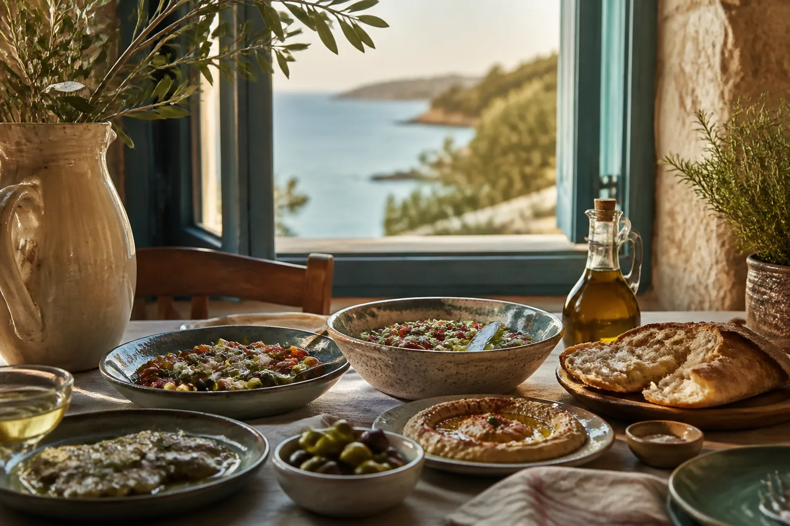Mediterrane Gerichte auf einem gedeckten Tisch am offenen Fenster