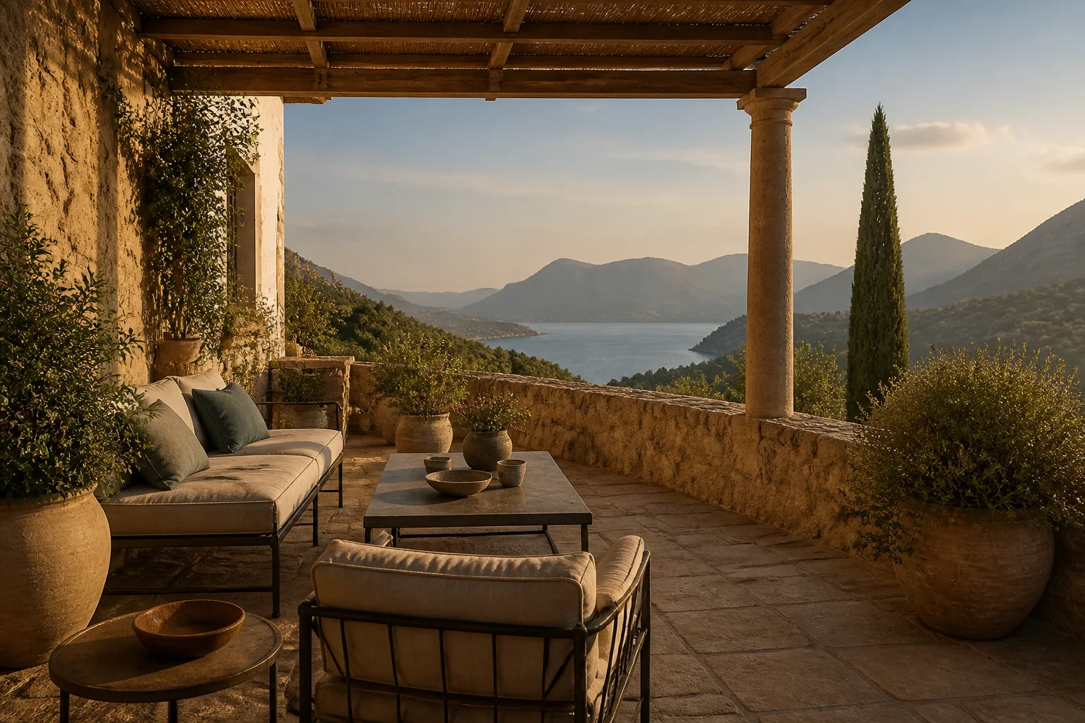 Ruhige Terrasse eines Boutique-Hotels mit Blick auf Meer und Berge
