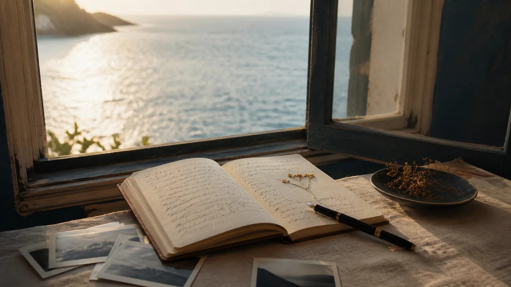 Offenes Reisetagebuch mit Füller und Fotografien am Fenster zum Meer