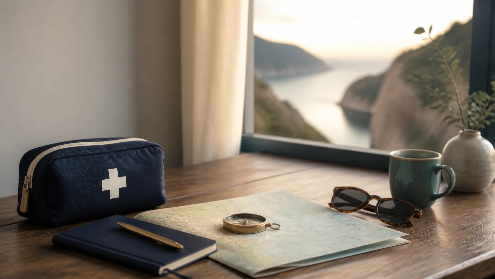 Reiseplanung mit Karte, Kompass, Notizbuch und Erste-Hilfe-Tasche