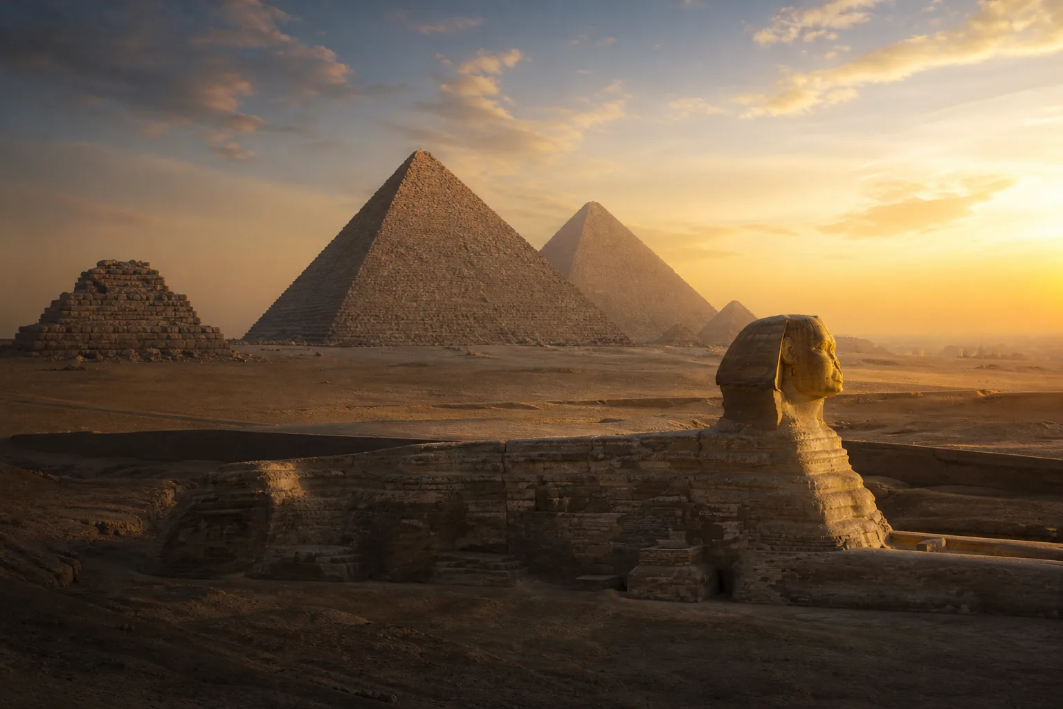 Pyramiden und Sphinx von Gizeh bei Sonnenaufgang