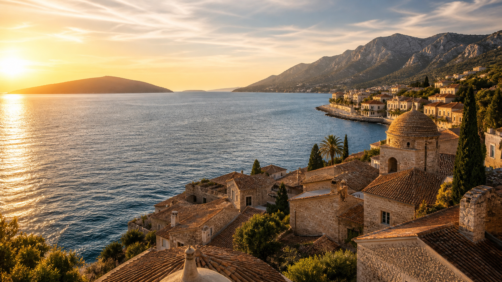 Mediterrane Küste in Europa bei Sonnenuntergang