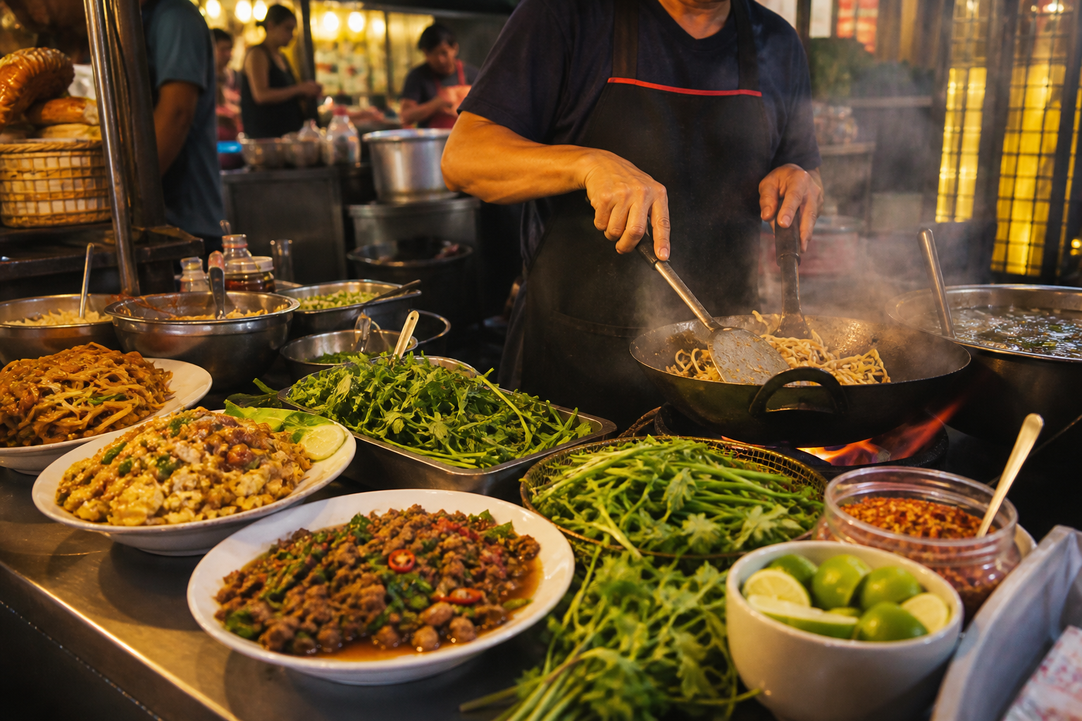 Thailändische Streetfood-Küche mit Wok, Kräutern und verschiedenen Gerichten