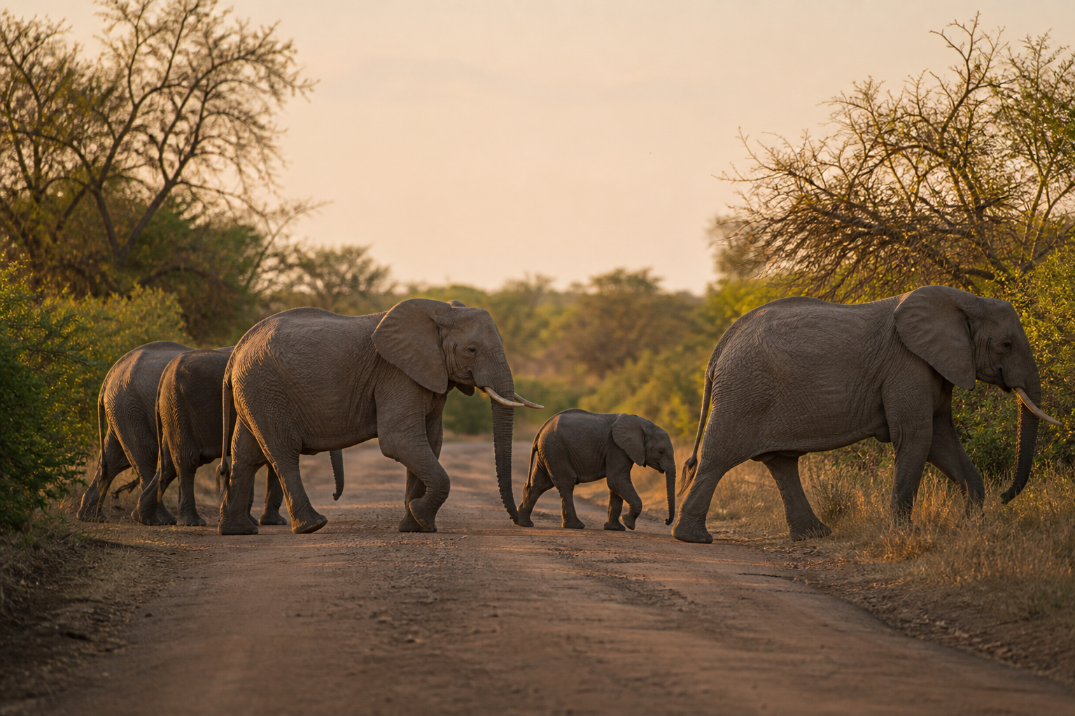 Elefantenherde im Kruger-Nationalpark bei warmem Morgenlicht