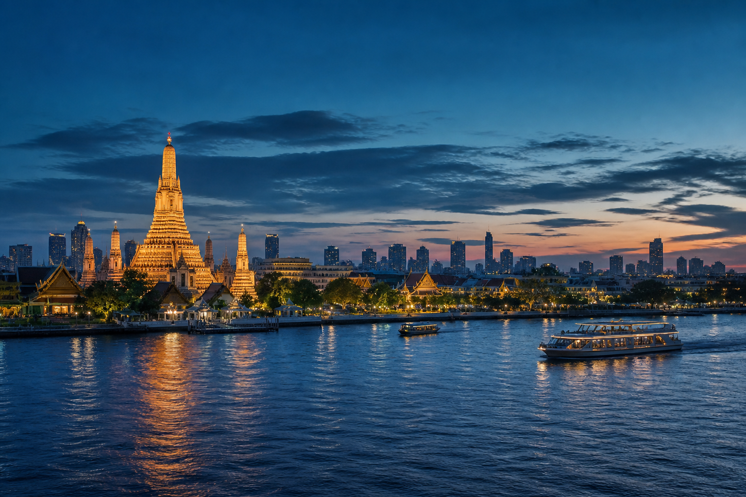Bangkok mit Wat Arun und Chao-Phraya-Fluss