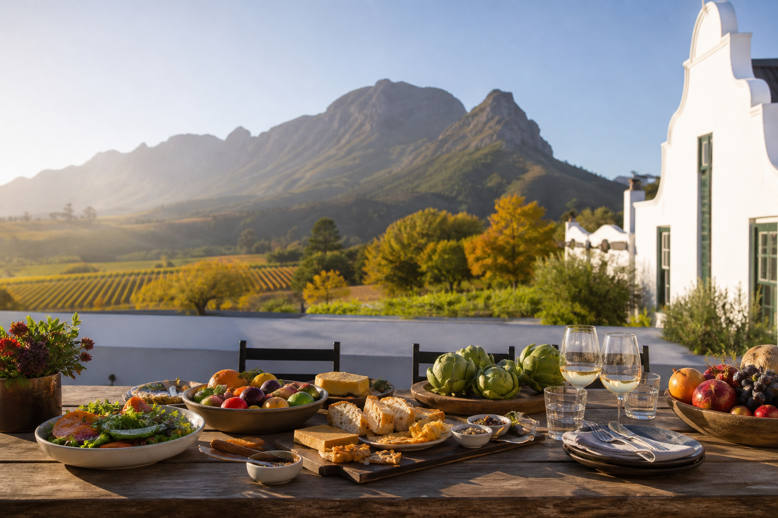 Südafrikanisches Mittagessen auf einer Terrasse in den Cape Winelands