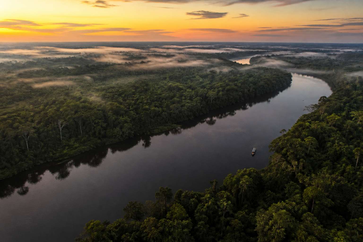 Amazonas-Fluss und Regenwald im frühen Morgennebel