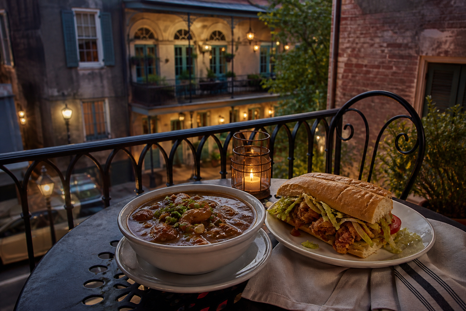 Gumbo und Po Boy auf einem Balkon im French Quarter von New Orleans