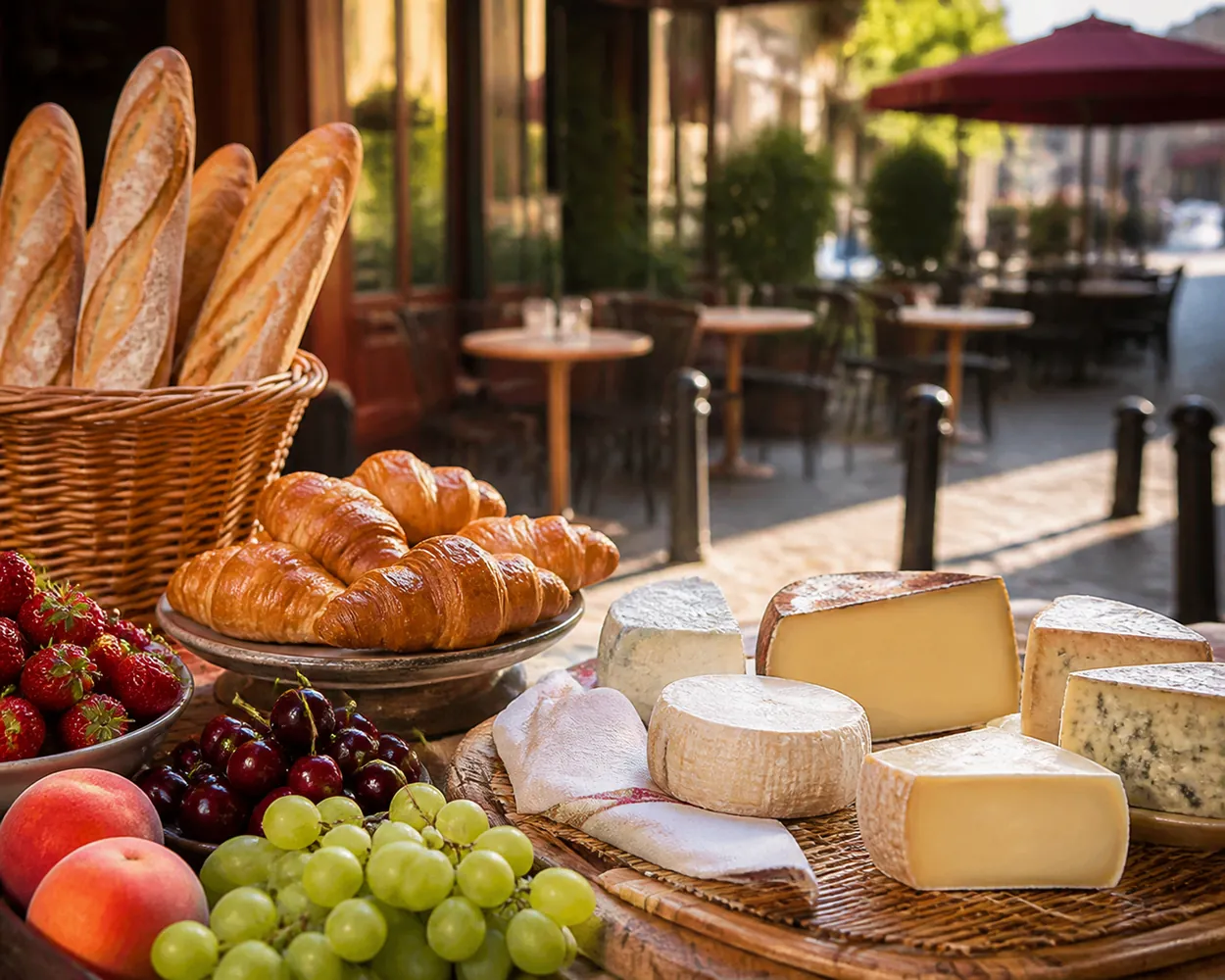 Französischer Markt mit Käse, Baguette und Obst