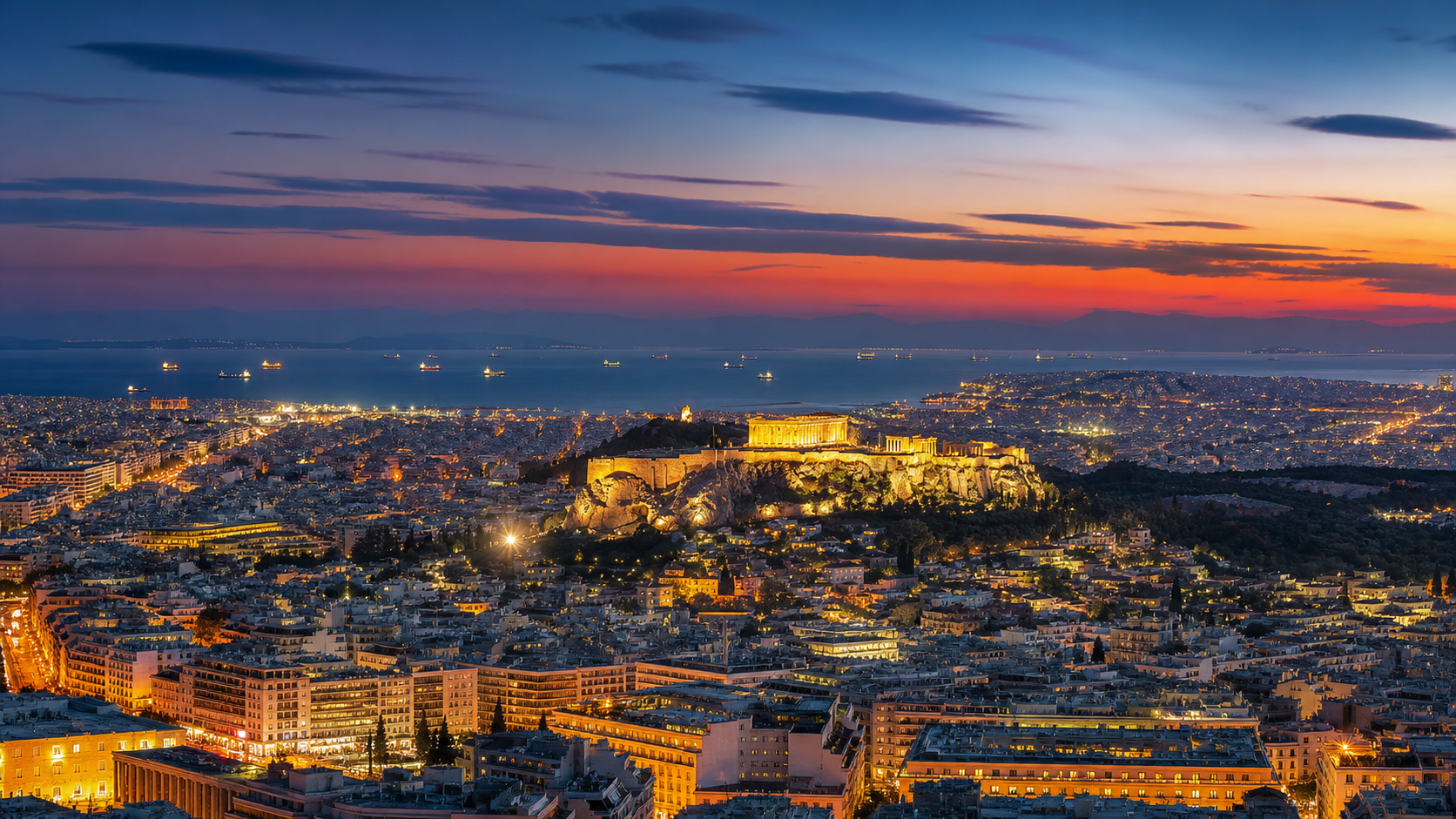 Athen bei blauer Stunde mit beleuchteter Akropolis
