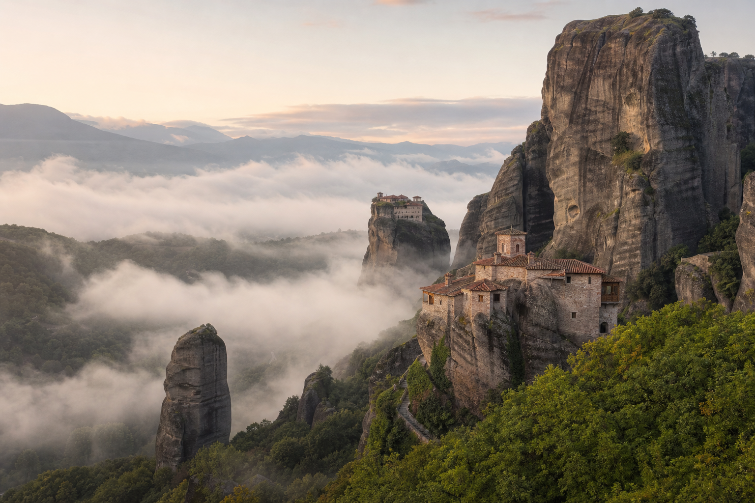 Meteora-Klöster zwischen Felsnadeln und Morgennebel