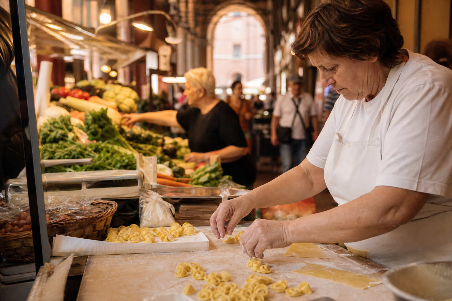 Markt und Pastazubereitung unter Bolognas Arkaden