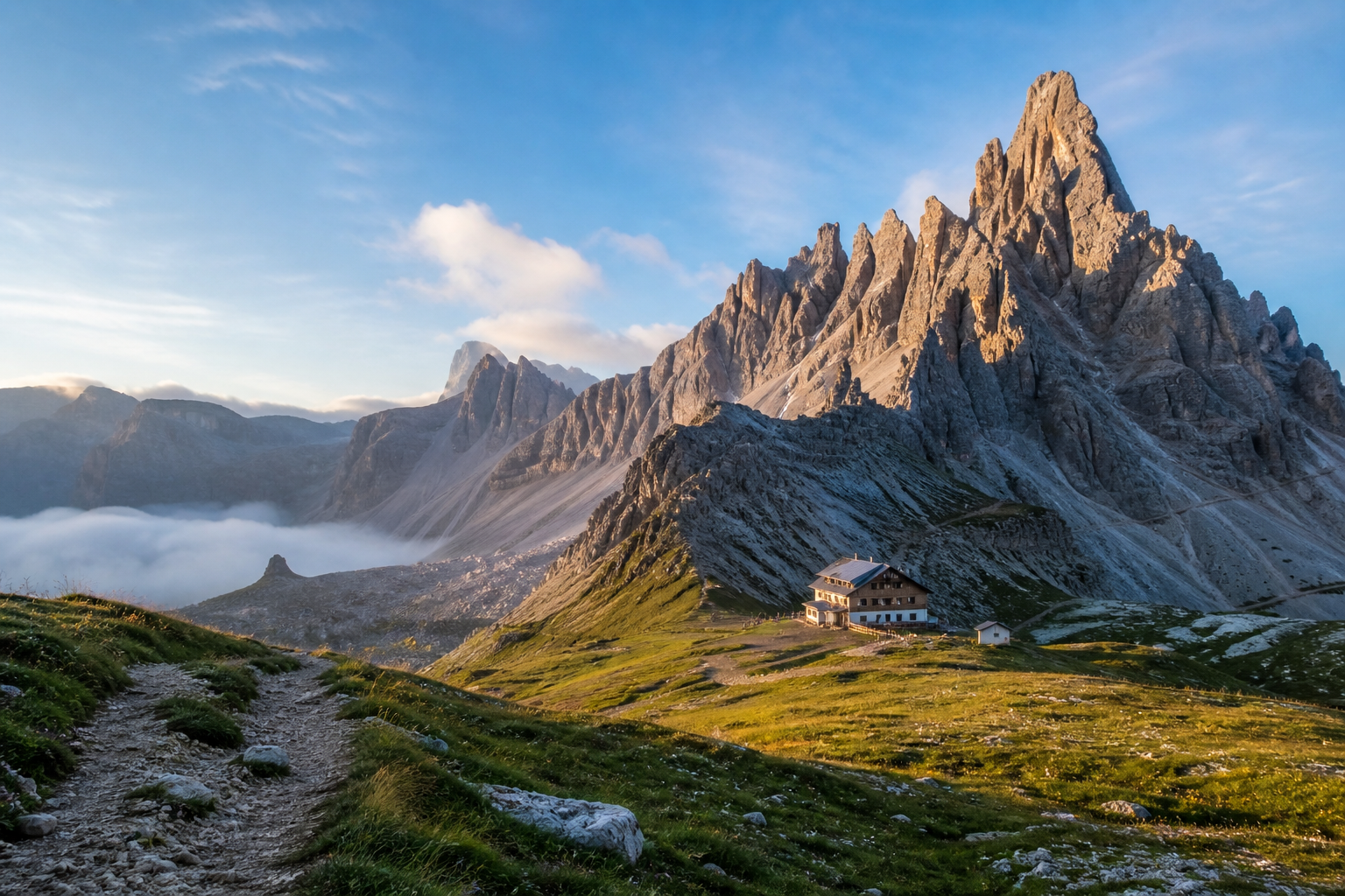 Dolomiten mit Almwiese und Berghütte