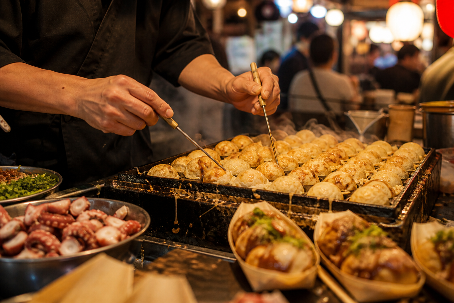 Zubereitung von Takoyaki an einem Marktstand in Osaka