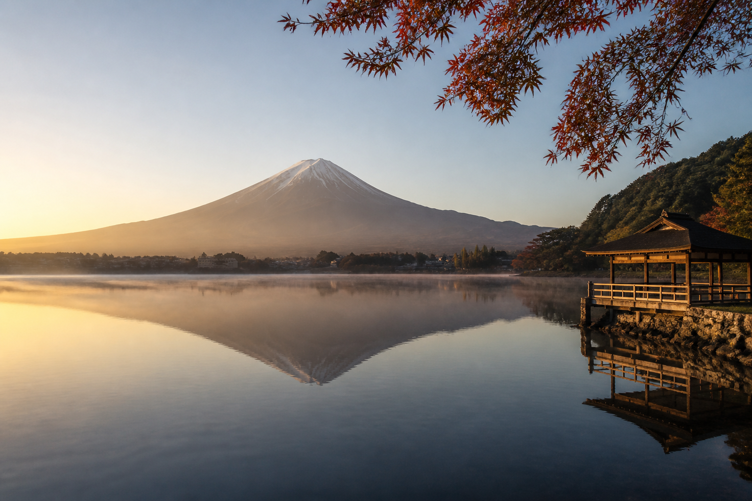 Mount Fuji am Kawaguchi-See im Morgenlicht
