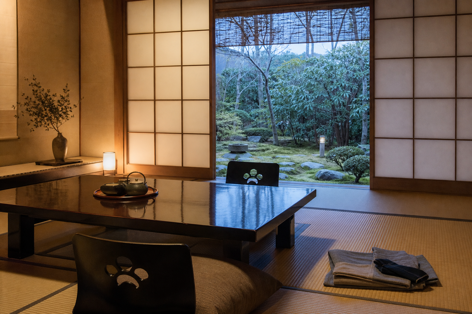Ruhiges Tatami-Zimmer mit Blick in einen japanischen Garten