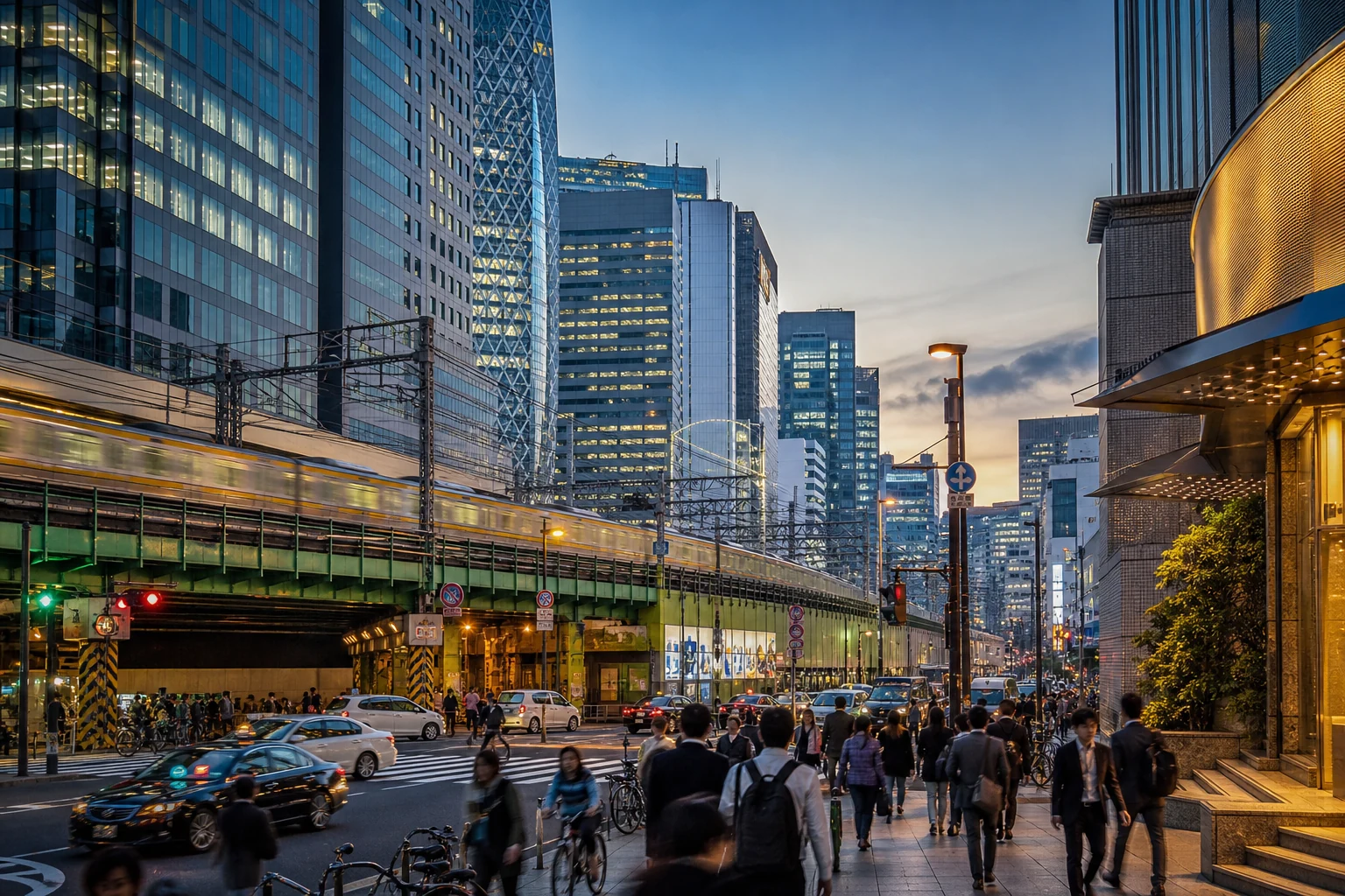Tokio auf Straßenhöhe mit Bahntrasse und Hochhäusern