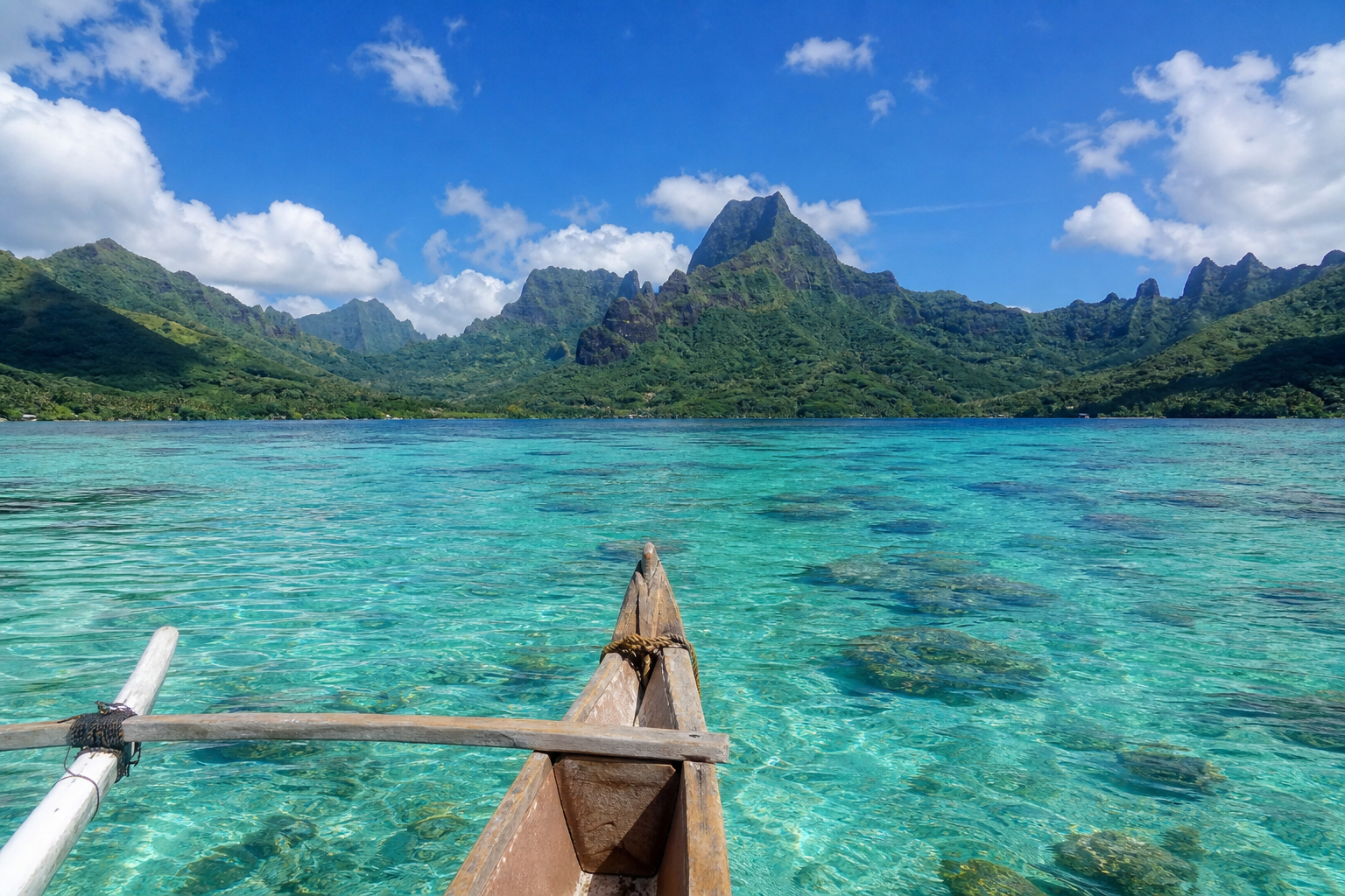 Moorea-Lagune mit Auslegerkanu und grünen Vulkanbergen
