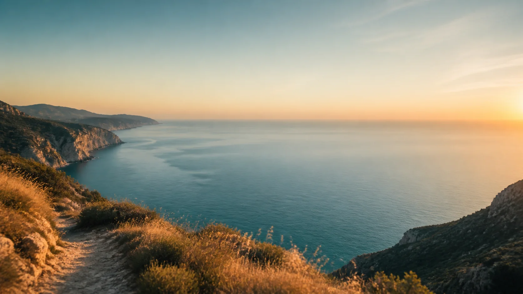 Blick über eine mediterrane Küste auf das ruhige Meer und den weiten Horizont bei Sonnenaufgang