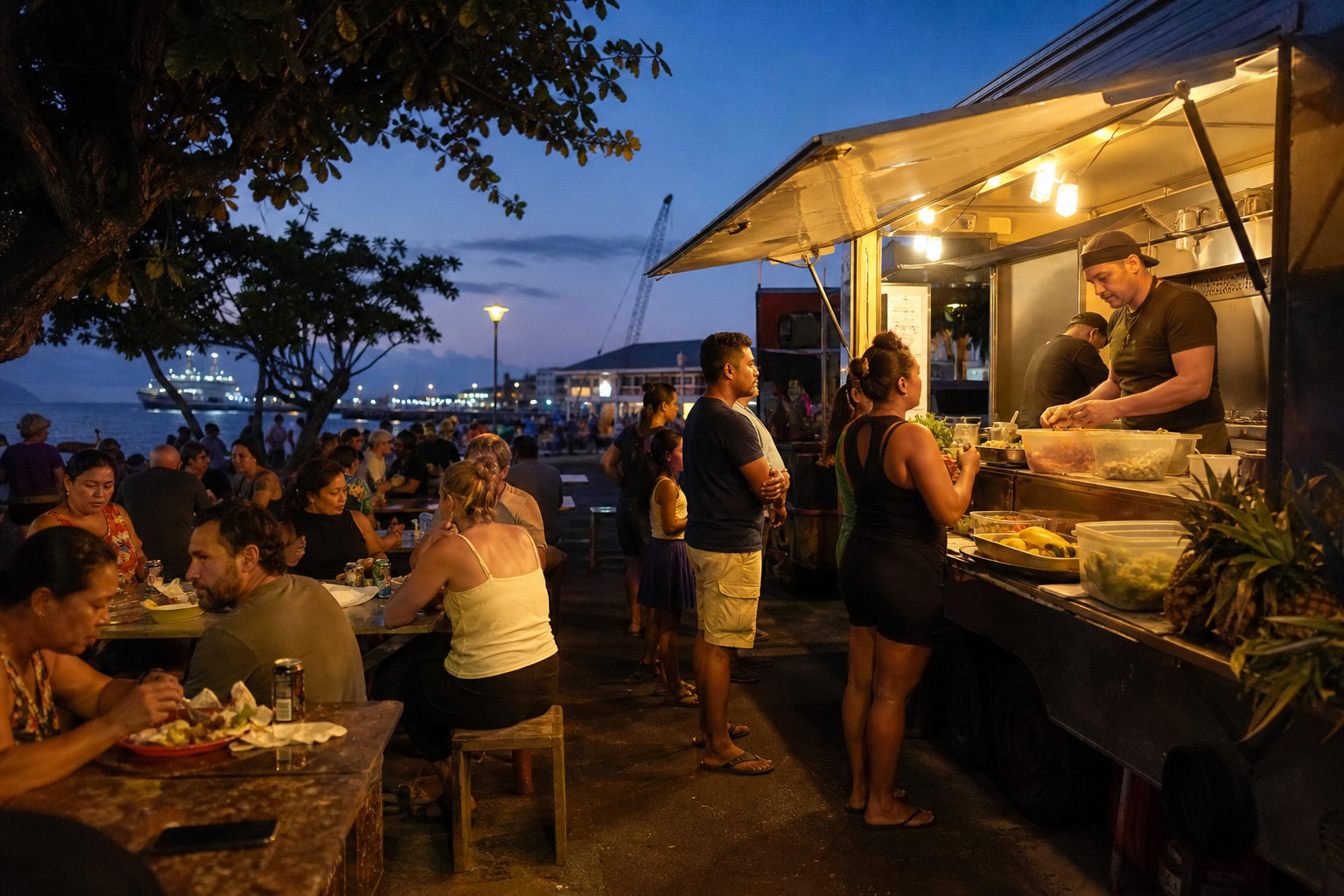 Roulottes am Abend an der Uferpromenade von Papeete