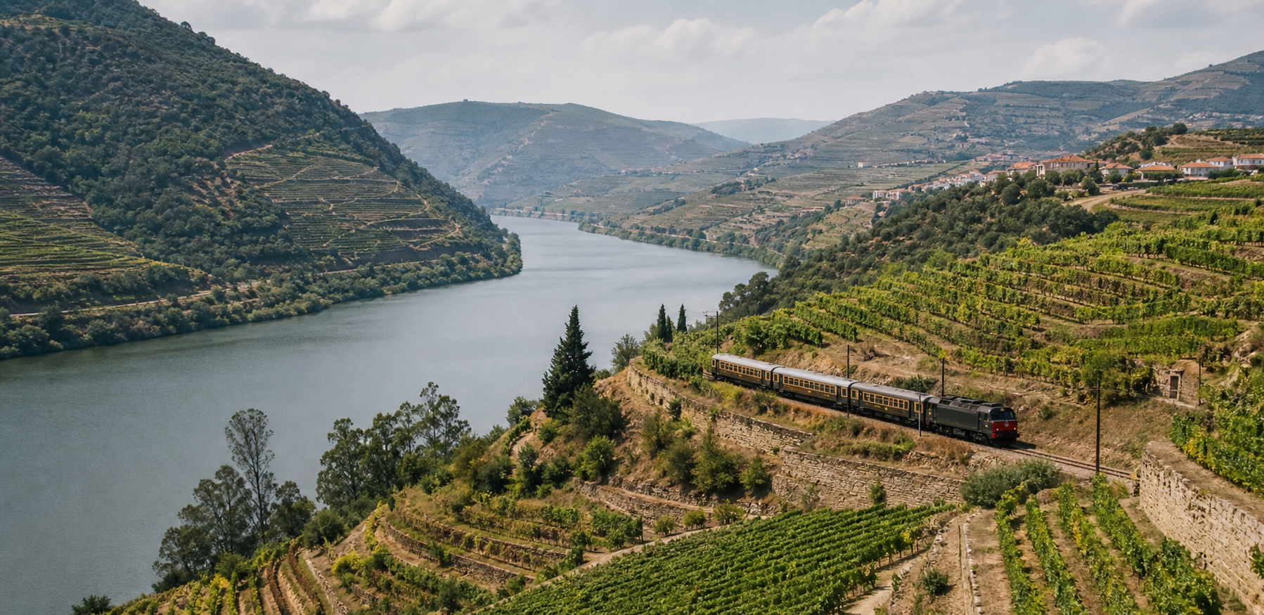 Douro-Tal mit Weinbergen Fluss und Zug