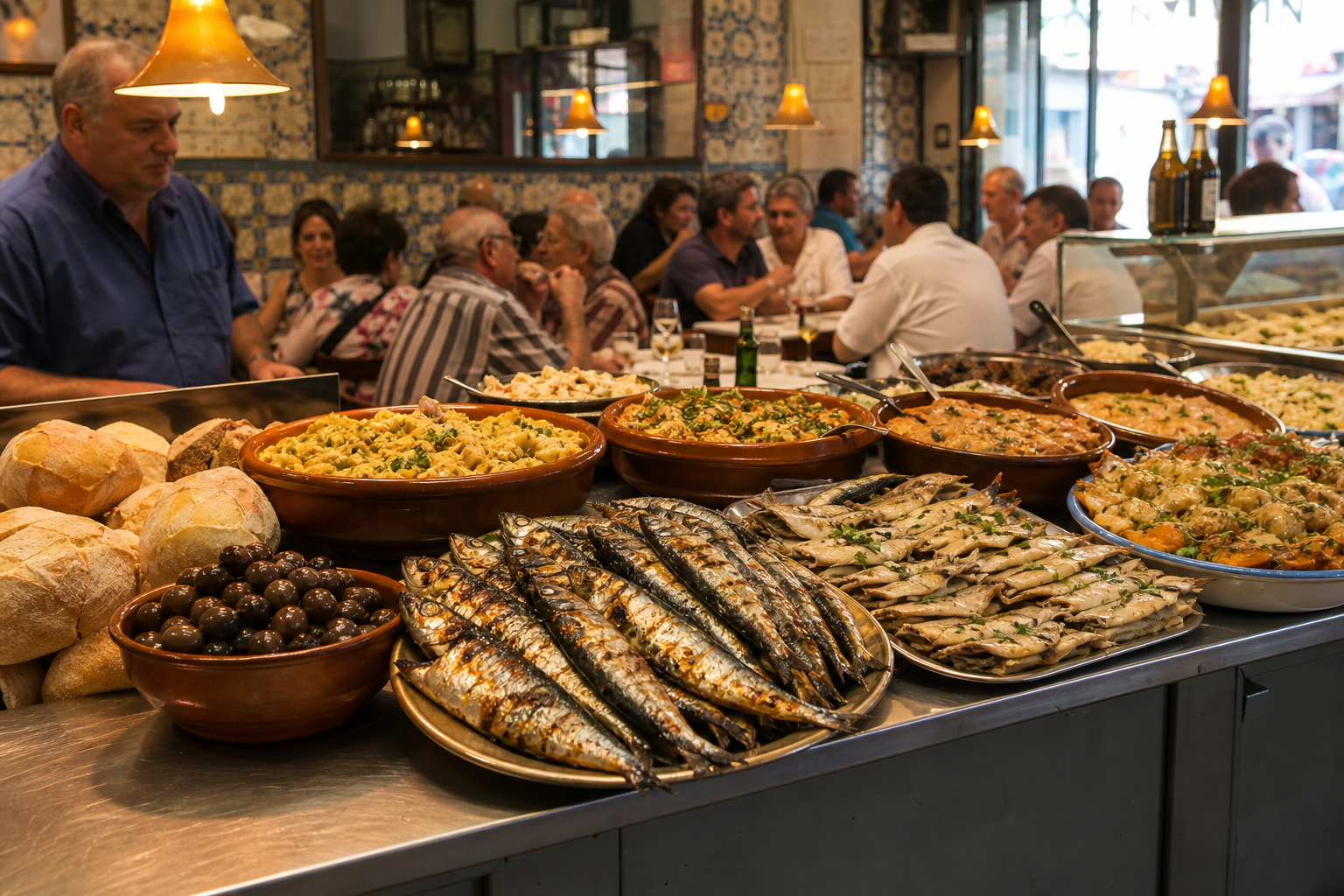 Portugiesischer Markt mit Fisch Brot und regionalen Gerichten