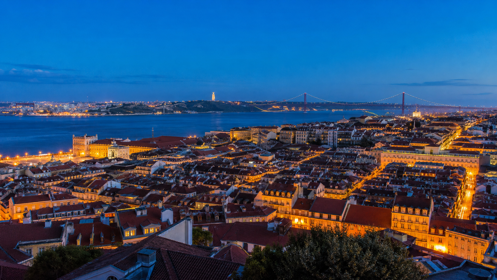 Lissabon bei blauer Stunde mit Tejo und Brücke