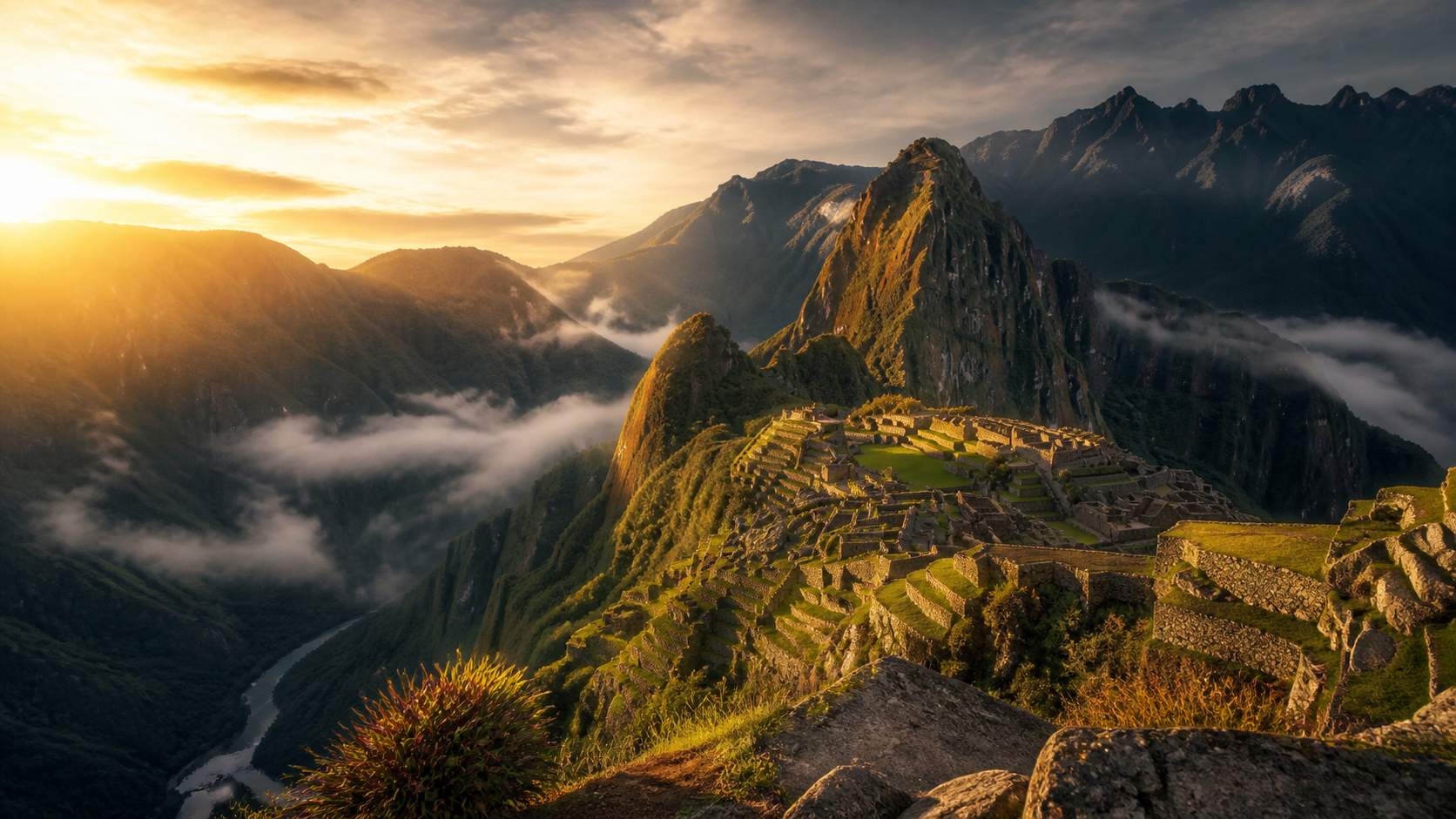 Machu Picchu in den peruanischen Anden bei Sonnenaufgang