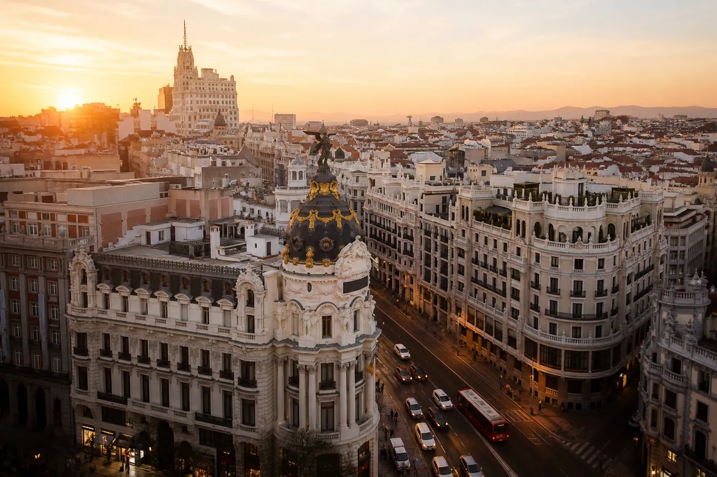 Gran Vía in Madrid bei Sonnenuntergang