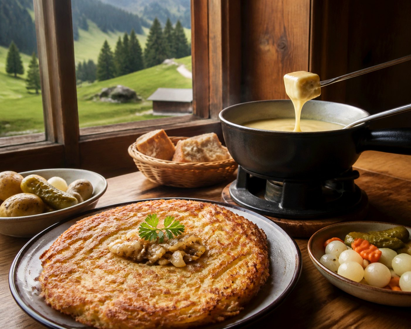 Rösti und Käsefondue in einem Schweizer Bergrestaurant