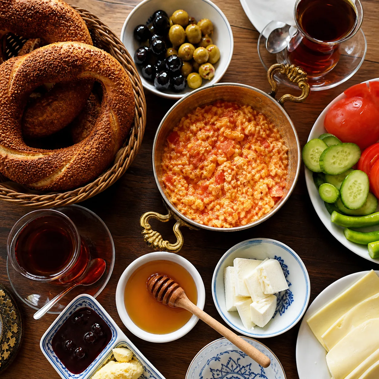 Traditionelles türkisches Frühstück mit Simit, Menemen und Tee