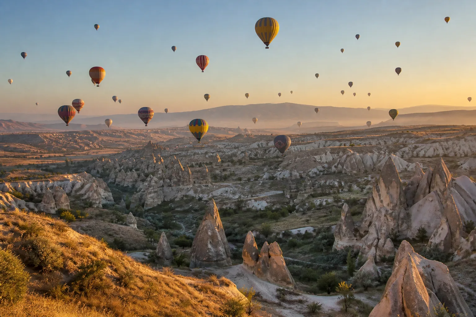 Heißluftballons über Kappadokien bei Sonnenaufgang