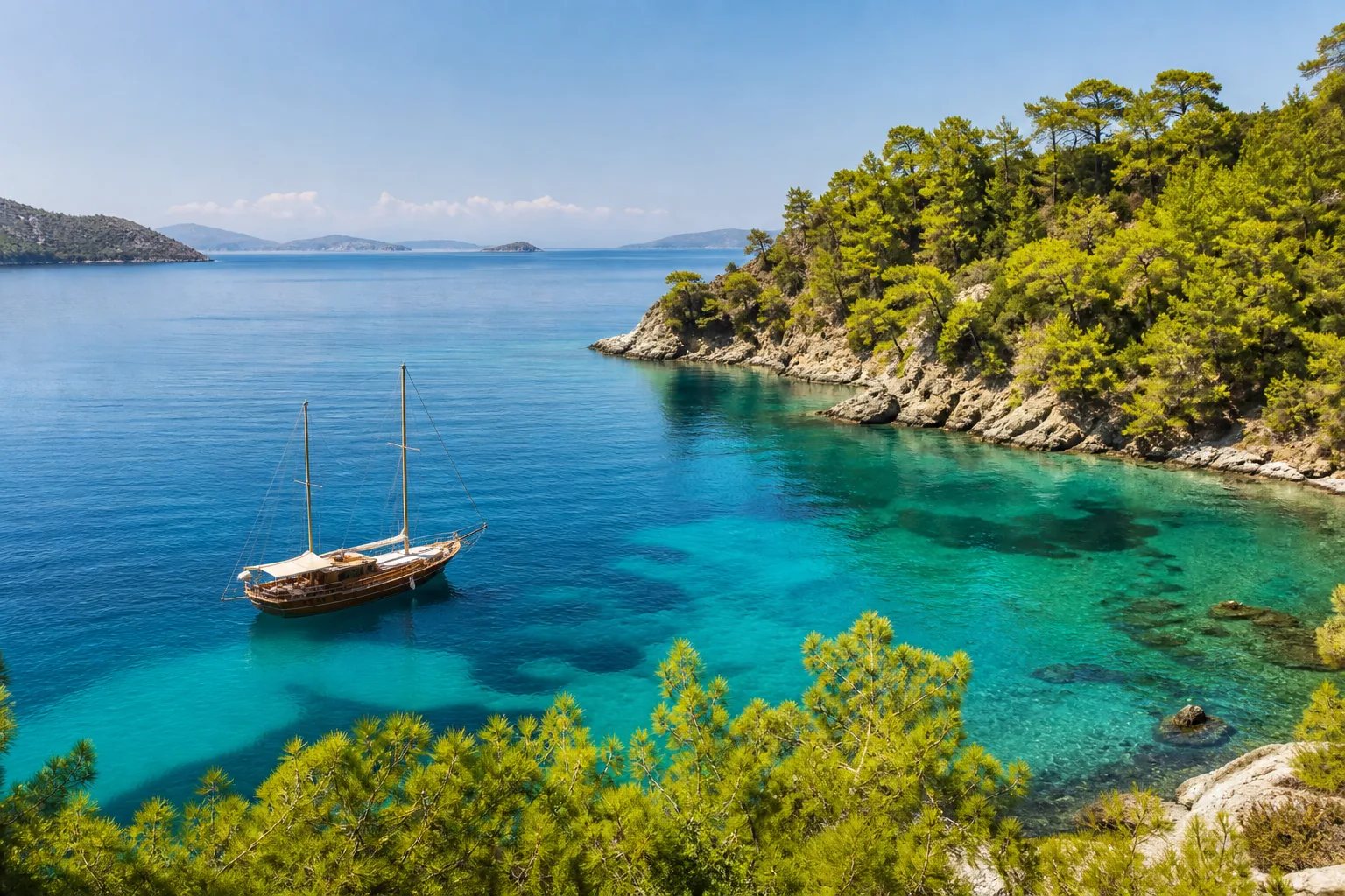 Türkisfarbene Bucht an der lykischen Küste mit Gulet